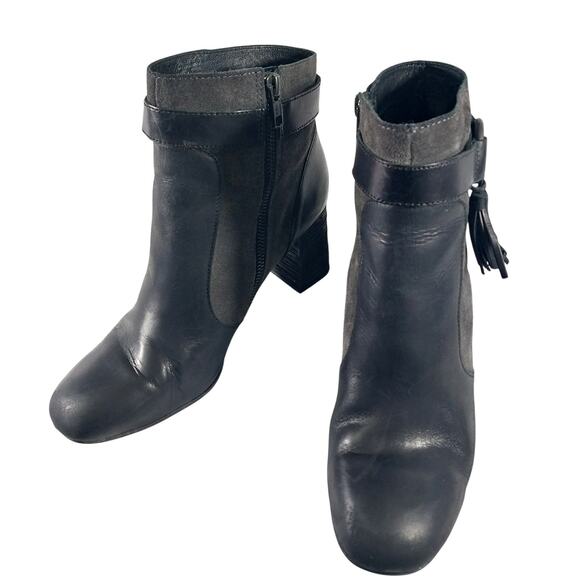 BORN! BLACK GENUINE LEATHER & GRAY SUEDE ANKLE HARNESS CHUNKY HEEL BOOTS! SZ 9M - Picture 3 of 11